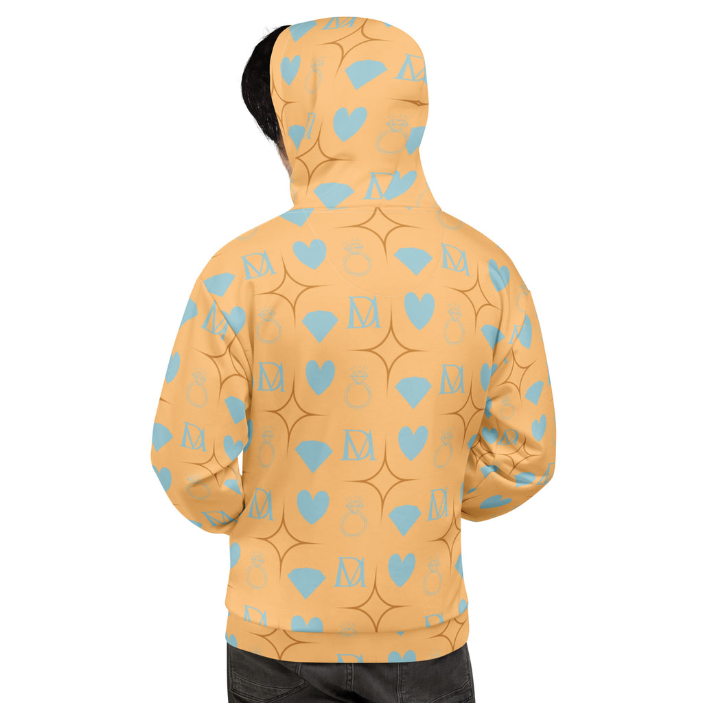 Recycled white unisex hoodie with Honeyberry Lights all-over print and hood, from Daemon Luxury.