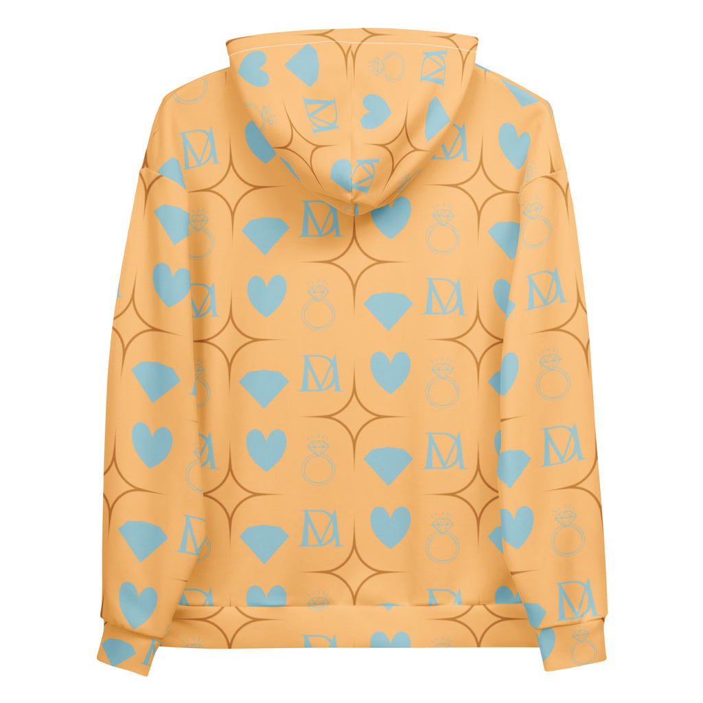 All-over print white recycled unisex hoodie with Honeyberry Lights design from Daemon Luxury, shown from the back.