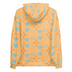 All-over print white recycled unisex hoodie with Honeyberry Lights design from Daemon Luxury, shown from the back.
