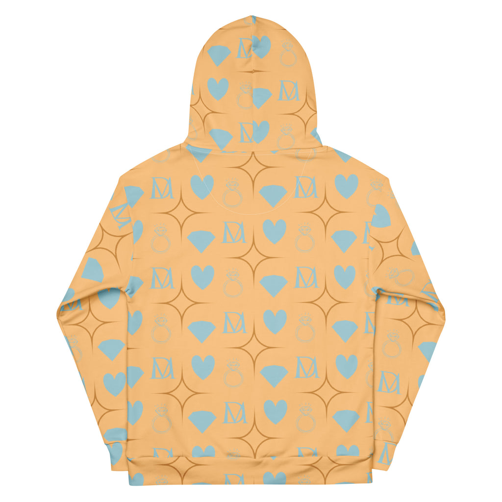White recycled unisex hoodie with Honeyberry Lights and Felpa Cappuccio print from Daemon Luxury, back view.