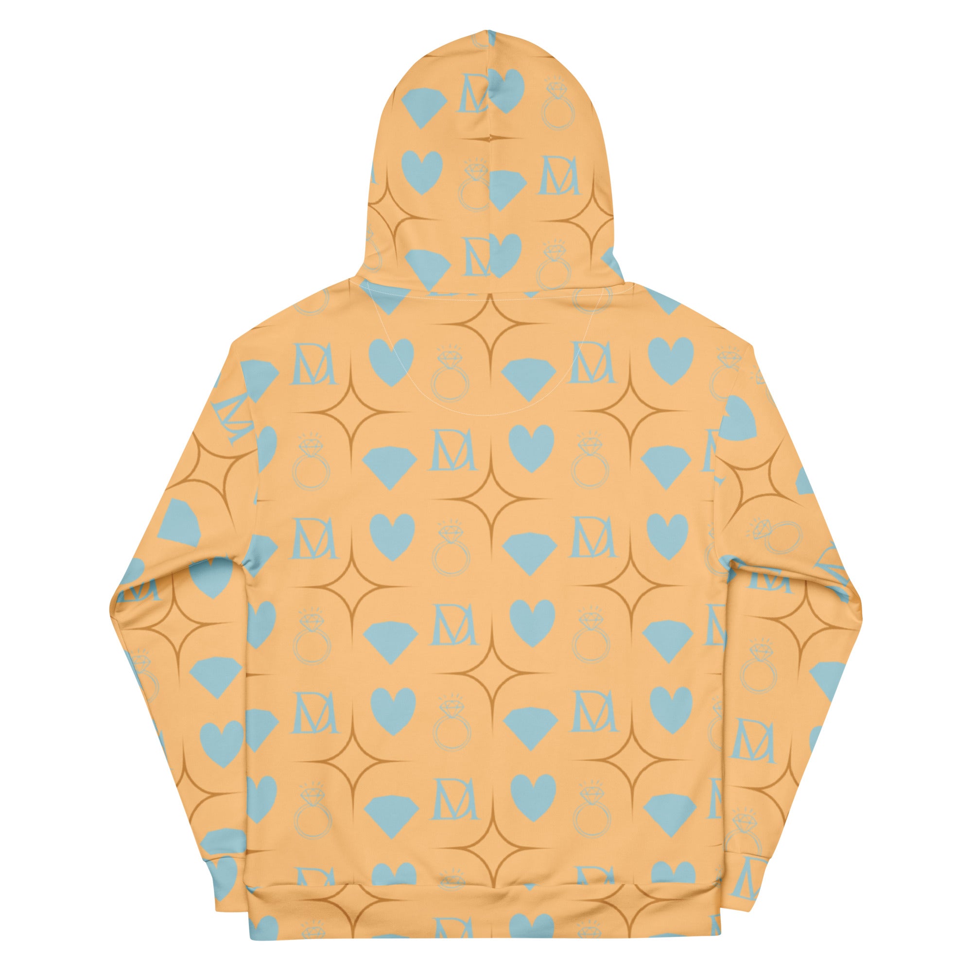 White recycled unisex hoodie with Honeyberry Lights and Felpa Cappuccio print from Daemon Luxury, back view.