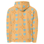 Unisex white hoodie with honeyberry lights all-over print and hood, made from recycled materials by Daemon Luxury.