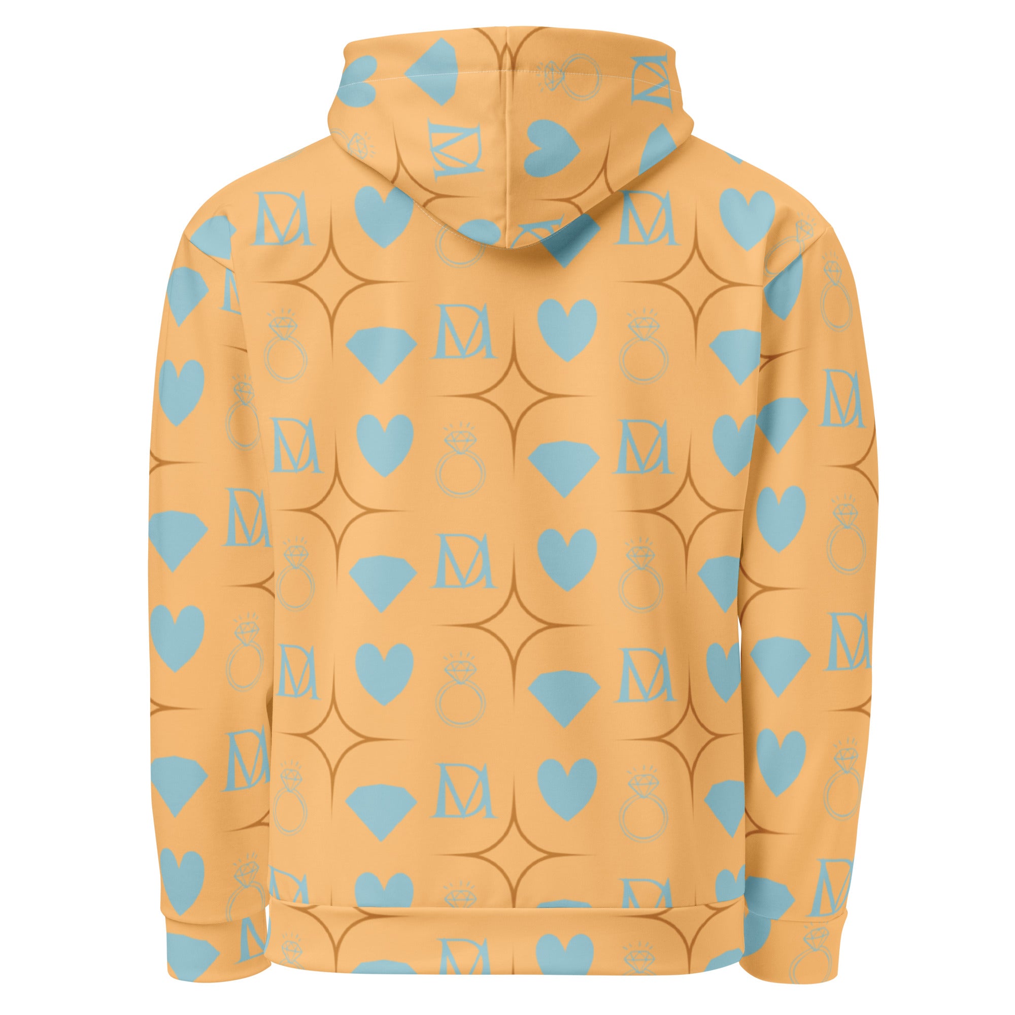 Unisex white hoodie with honeyberry lights all-over print and hood, made from recycled materials by Daemon Luxury.