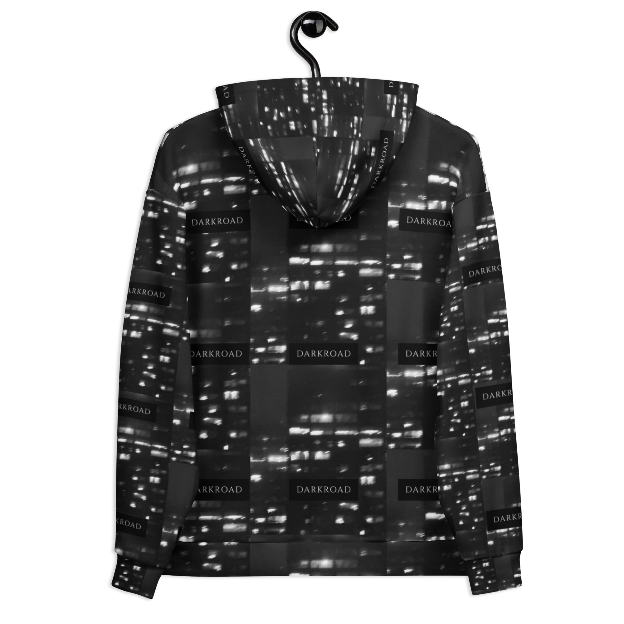 Unisex white hoodie with all-over print by Daemon Luxury, featuring a cozy hood and casual style.