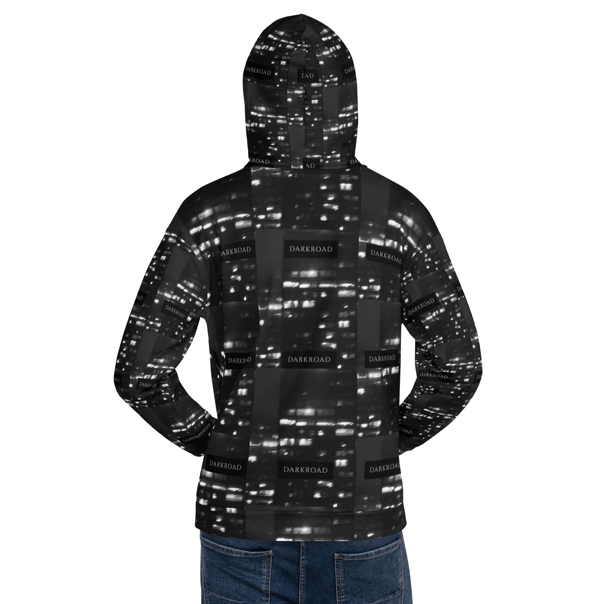 Unisex white hoodie with all-over recycled print from Daemon Luxury's Luxury Nights collection, featuring a hood and casual fit.