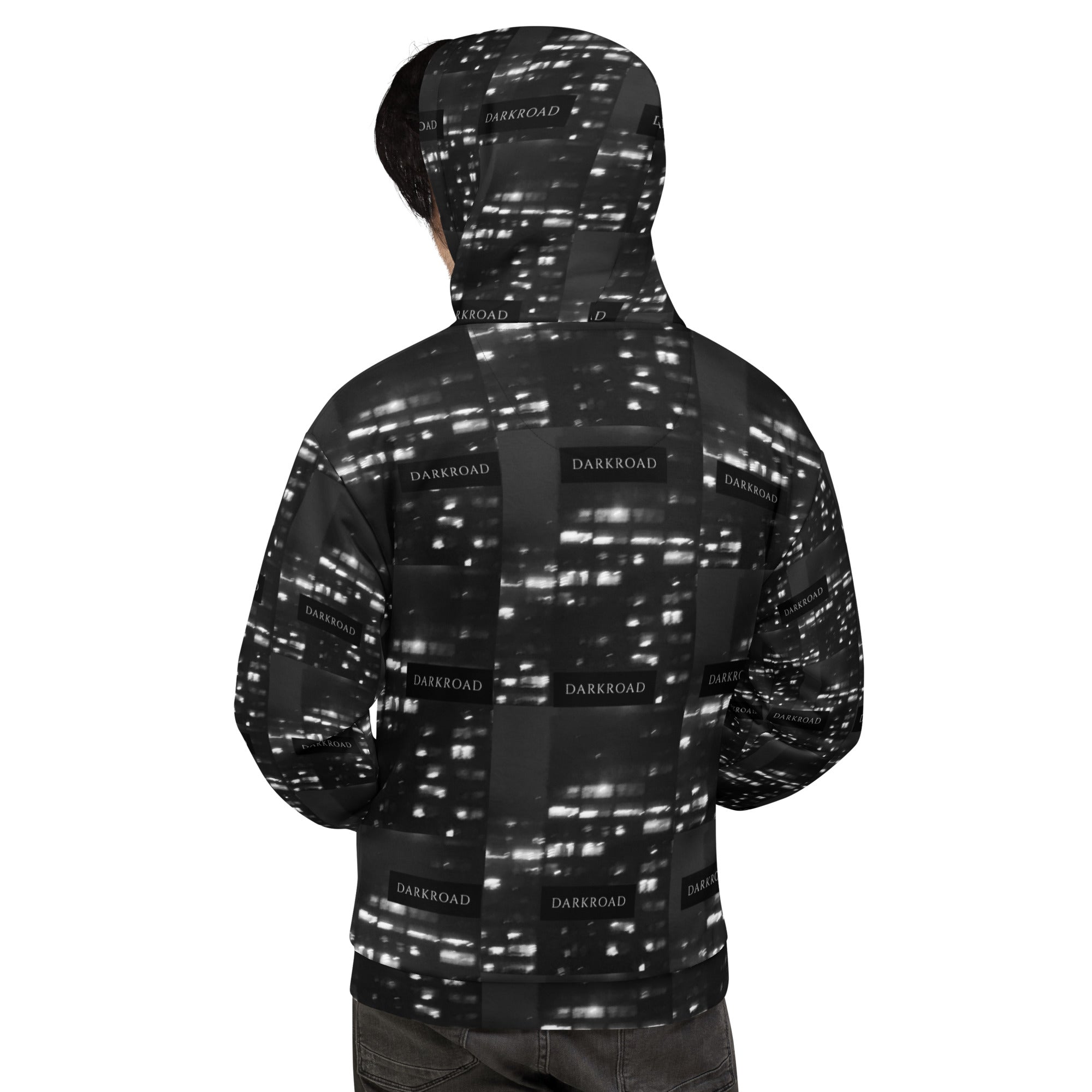 Recycled white unisex hoodie with all-over luxury night print and hood, by Daemon Luxury.