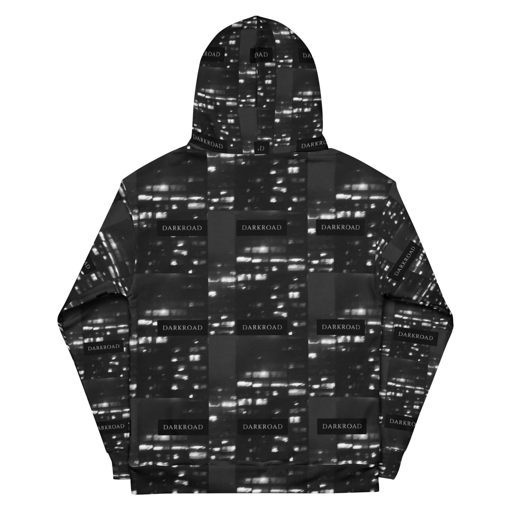 Unisex white hoodie with all-over recycled print featuring luxury night-themed design by Daemon Luxury.