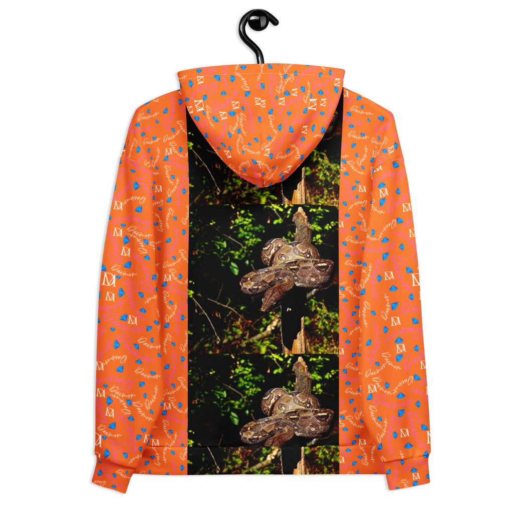 Recycled unisex hoodie by Daemon Luxury featuring all-over serpentine Nicaragua print on a white background.