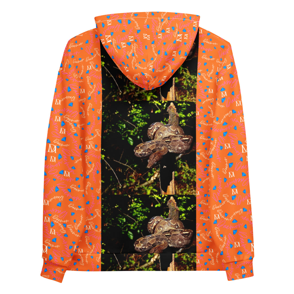 Recycled unisex hoodie featuring all-over serpentine Nicaragua print in white, by Daemon Luxury.