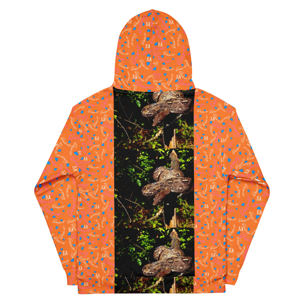 All-over print recycled white unisex hoodie featuring Serpentine Nicaragua .2 design by Daemon Luxury, with a front and back view.