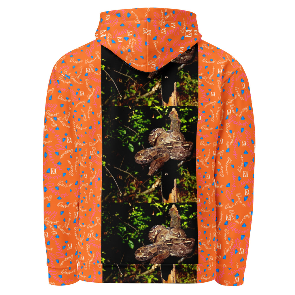 Daemon Luxury Serpentine Nicaragua hoodie with all-over recycled print, white background, unisex casual sweatshirt with hood.