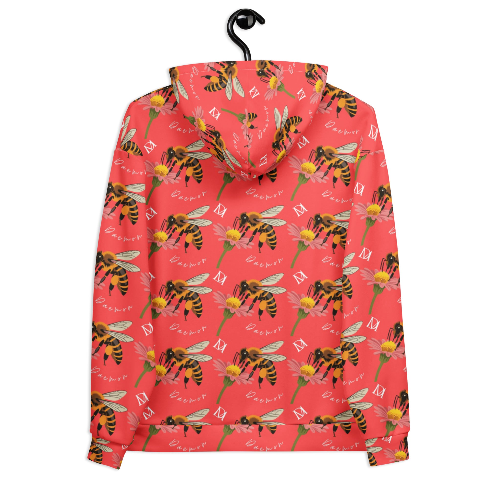 Recycled white unisex hoodie with all-over Honeybee Shores Tarmin’s Heart print by Daemon Luxury, featuring a hood and front pockets.