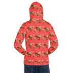 Recycled white unisex hoodie with all-over honeybee shores heart print from Daemon Luxury, featuring a cozy hood and casual fit.