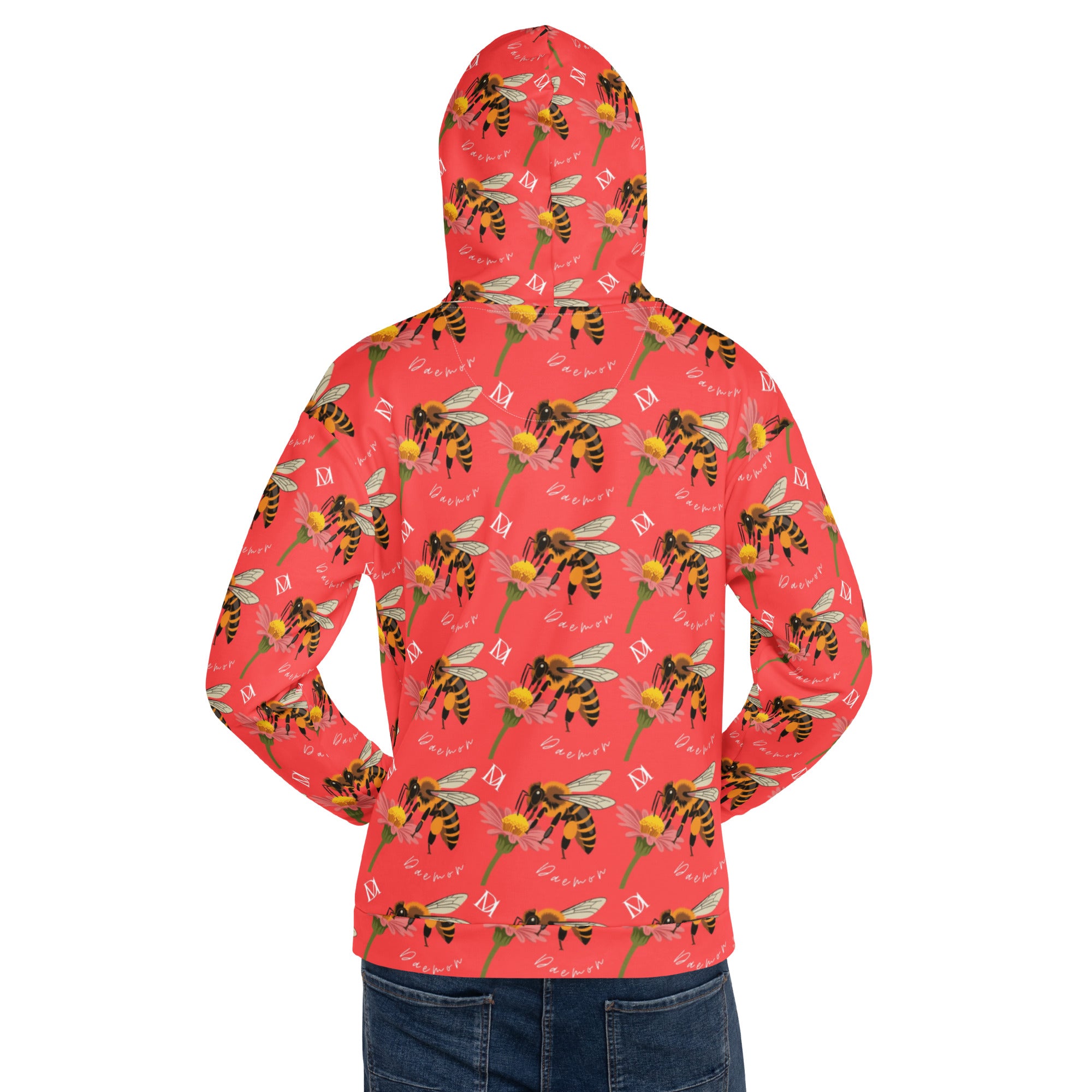 Recycled white unisex hoodie with all-over honeybee shores heart print from Daemon Luxury, featuring a cozy hood and casual fit.