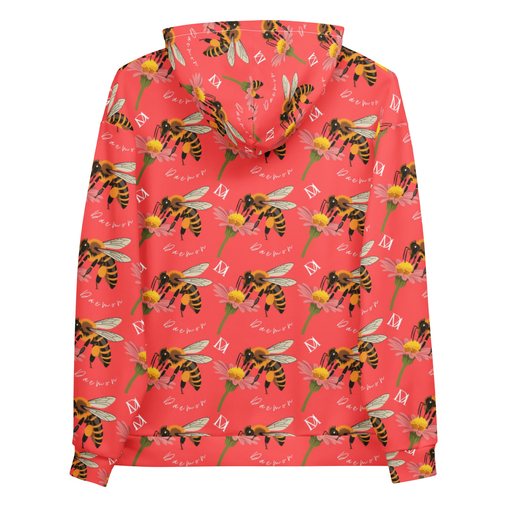 Recycled white unisex hoodie with all-over honeybee shores (Tarmin’s Heart) print from Daemon Luxury, featuring a hood and casual fit.