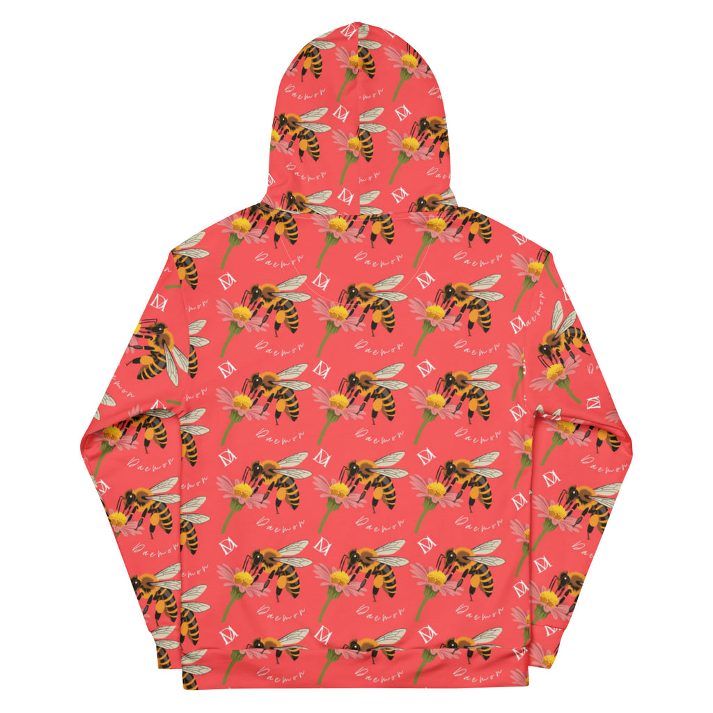 White recycled unisex hoodie featuring an all-over print of Honeybee Shores (Tarmin’s Heart) by Daemon Luxury, back view.