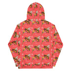 White recycled unisex hoodie featuring an all-over print of Honeybee Shores (Tarmin’s Heart) by Daemon Luxury, back view.