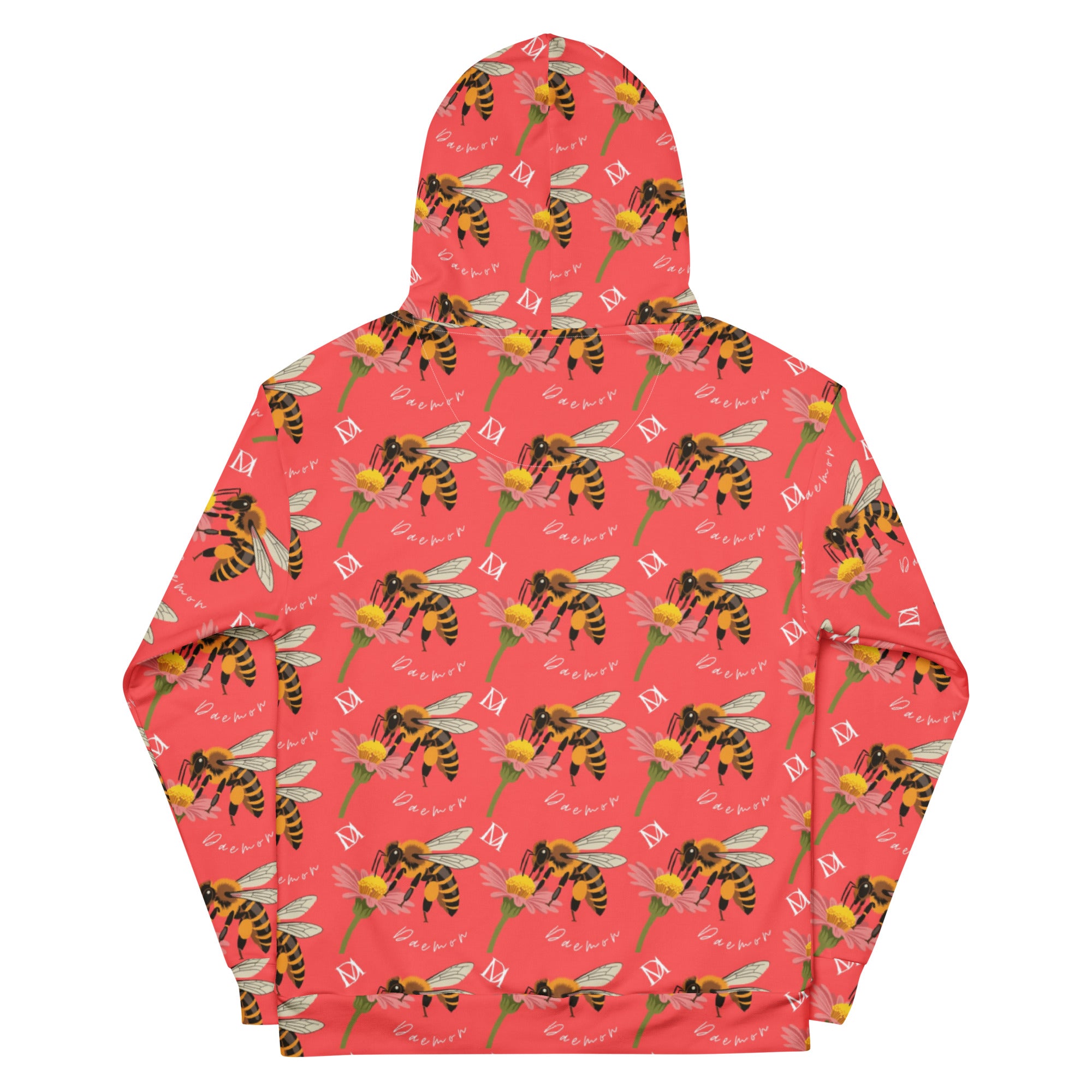 White recycled unisex hoodie featuring an all-over print of Honeybee Shores (Tarmin’s Heart) by Daemon Luxury, back view.
