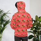 Recycled white unisex hoodie with all-over honeybee shores print and hood, by Daemon Luxury.