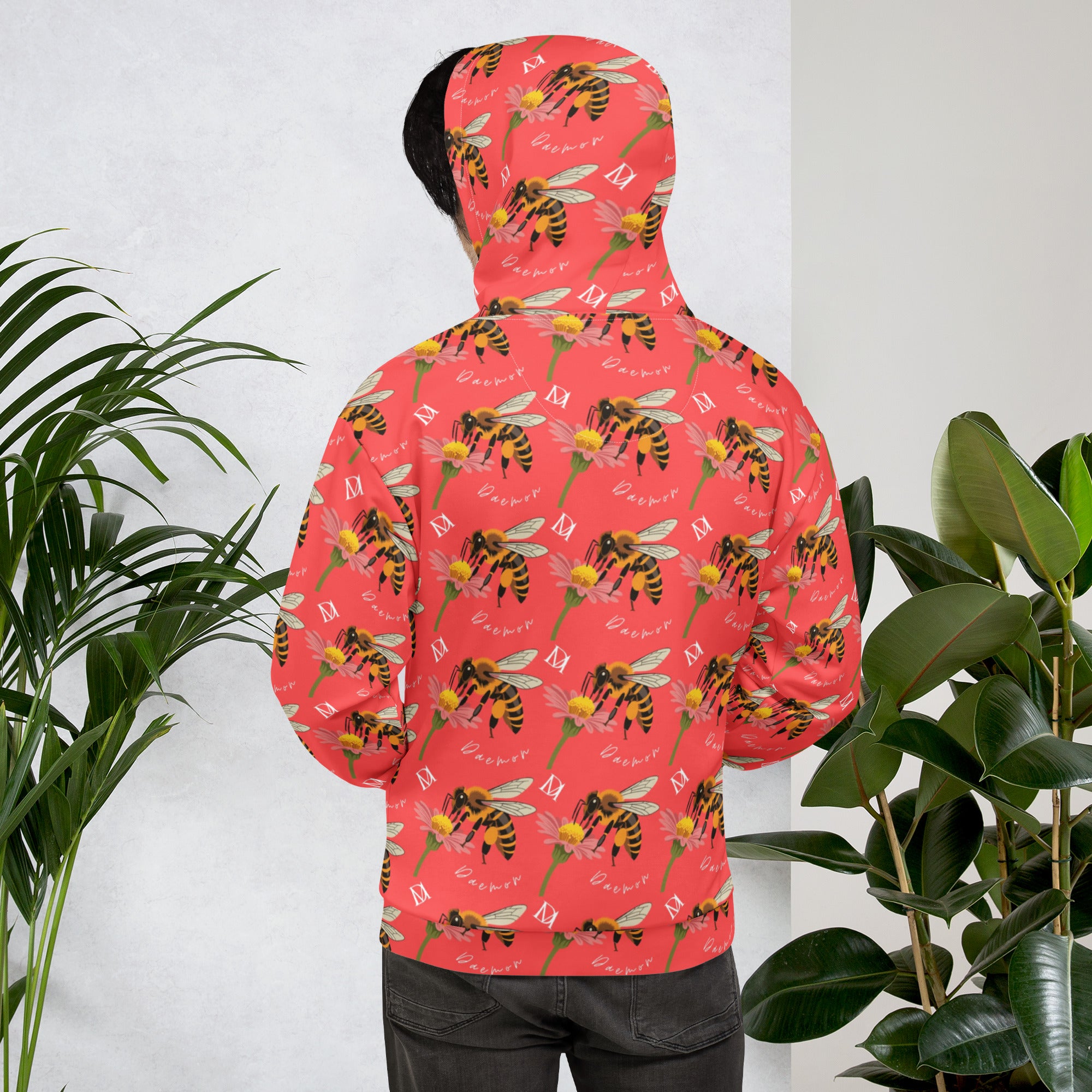 Recycled white unisex hoodie with all-over honeybee shores print and hood, by Daemon Luxury.