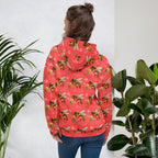 Daemon Luxury Honeybee Shores unisex hoodie with all-over print, recycled fabric, white background and hood detail.