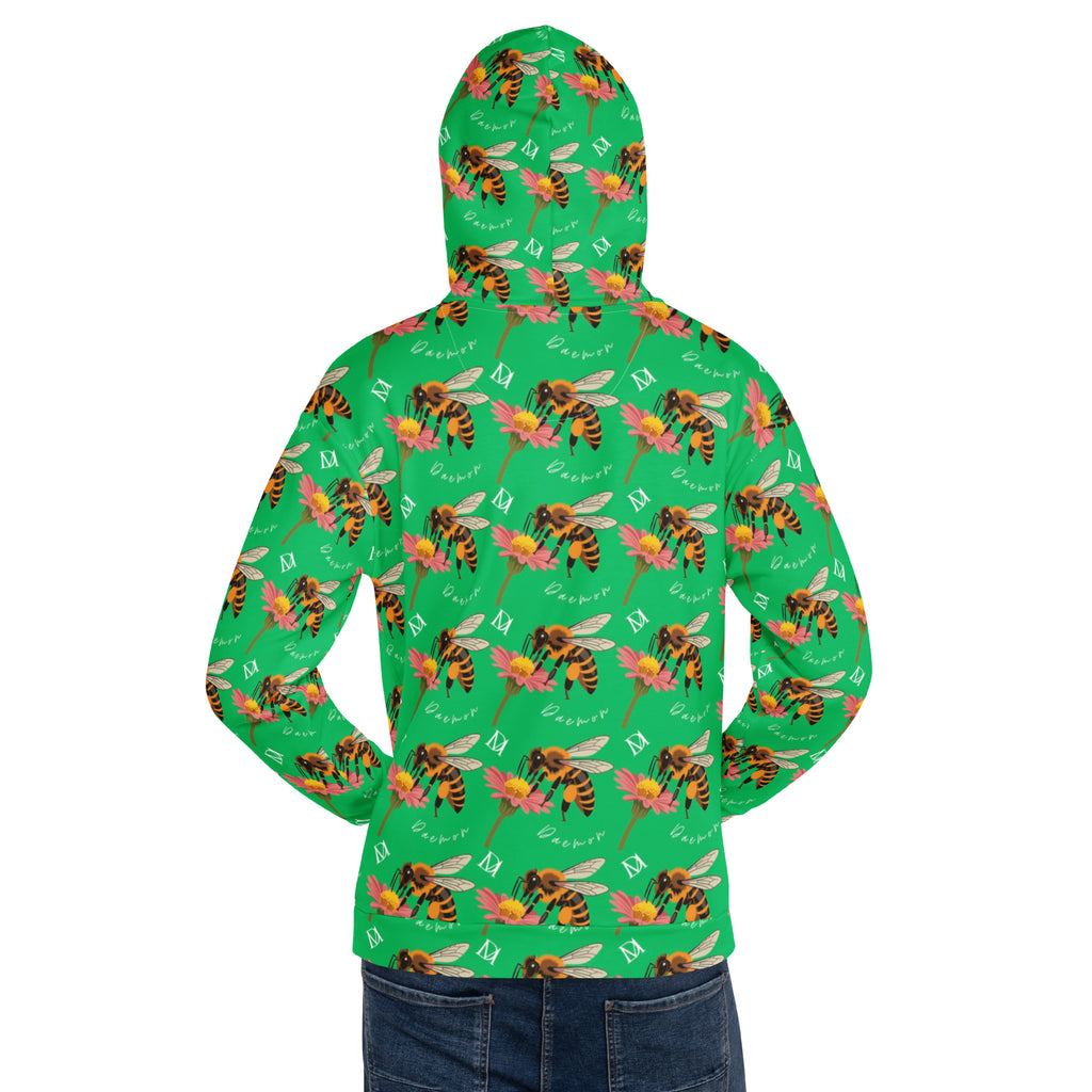 White recycled unisex hoodie with Honeybee Shores Lucky Charm and all-over print, featuring a hood and casual fit by Daemon Luxury.