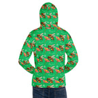 White recycled unisex hoodie with Honeybee Shores Lucky Charm and all-over print, featuring a hood and casual fit by Daemon Luxury.
