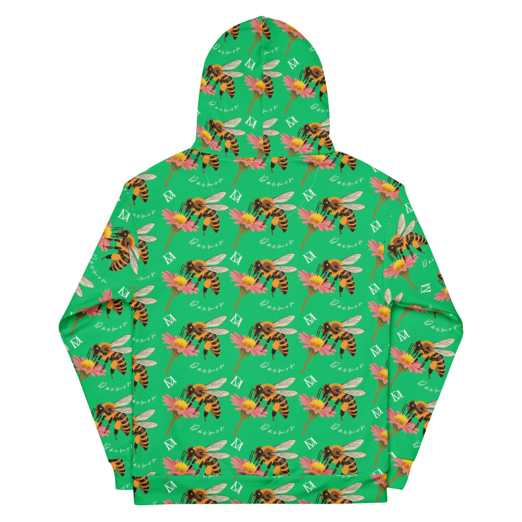 Daemon Luxury Honeybee Shores Lucky Charm unisex hoodie with all-over printed recycled fabric, white background, back view