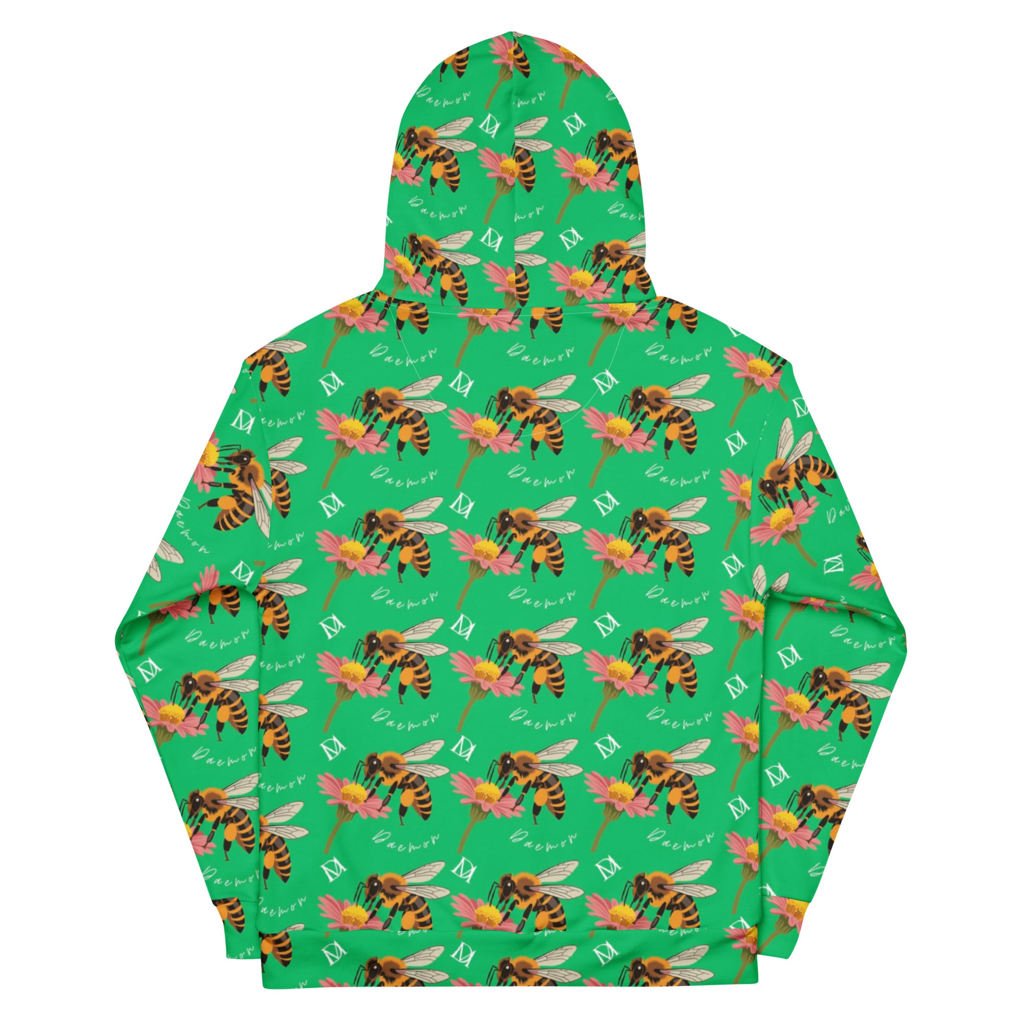 Daemon Luxury Honeybee Shores Lucky Charm unisex hoodie with all-over printed recycled fabric, white background, back view