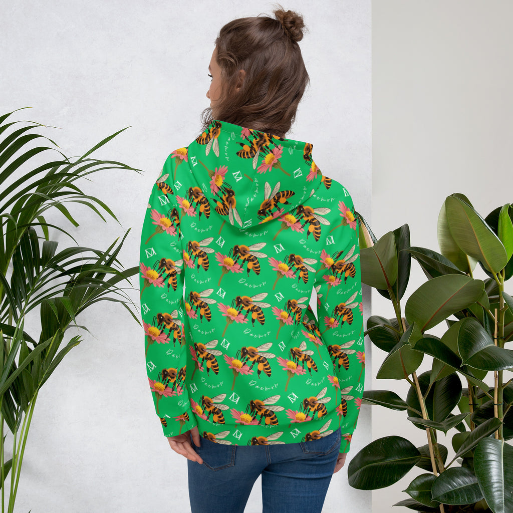White recycled unisex hoodie featuring all-over print of Honeybee Shores (Lucky Charm) design by Daemon Luxury.