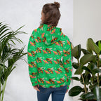 White recycled unisex hoodie featuring all-over print of Honeybee Shores (Lucky Charm) design by Daemon Luxury.