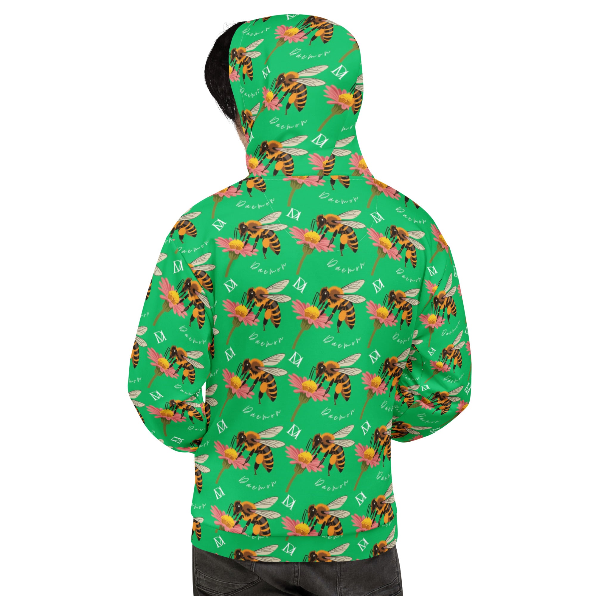Unisex white hoodie with all-over honeybee and lucky charm print, crafted by Daemon Luxury.