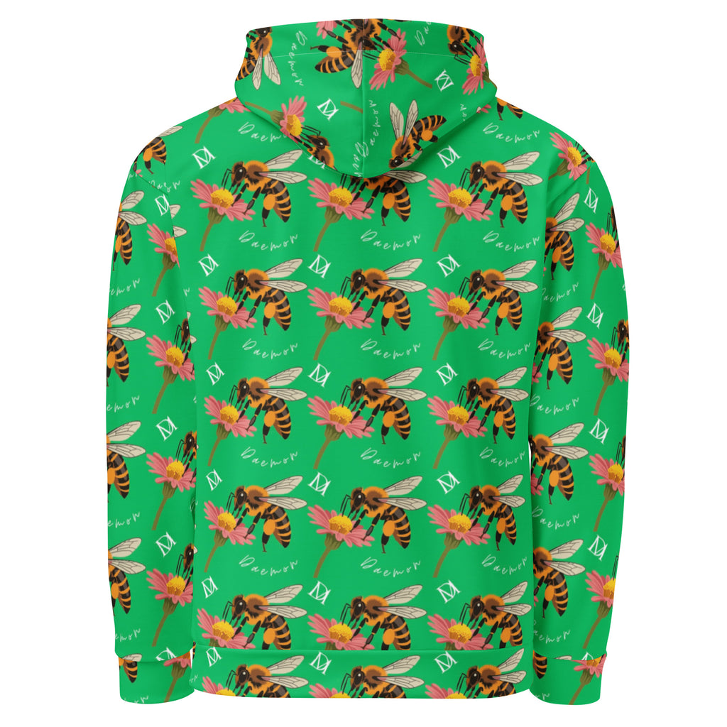 White recycled cotton hoodie with all-over honeybee shores lucky charm print, featuring a front pocket and adjustable hood by Daemon Luxury.