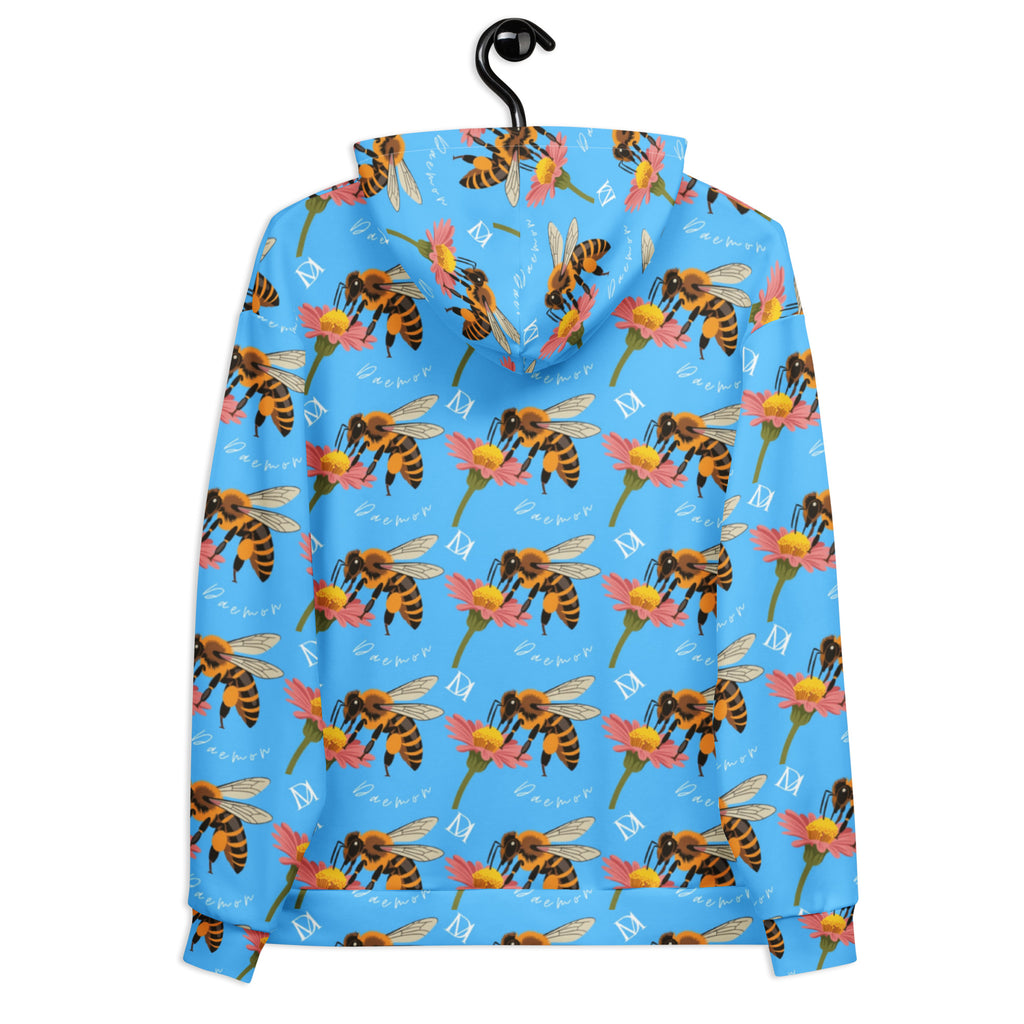 White recycled unisex hoodie with all-over honeybee shores Pacifica Fever print and hoodie front, by Daemon Luxury.