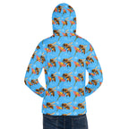 Recycled white unisex hoodie with Honeybee Shores Pacifica Fever all-over print and front pocket, by Daemon Luxury.