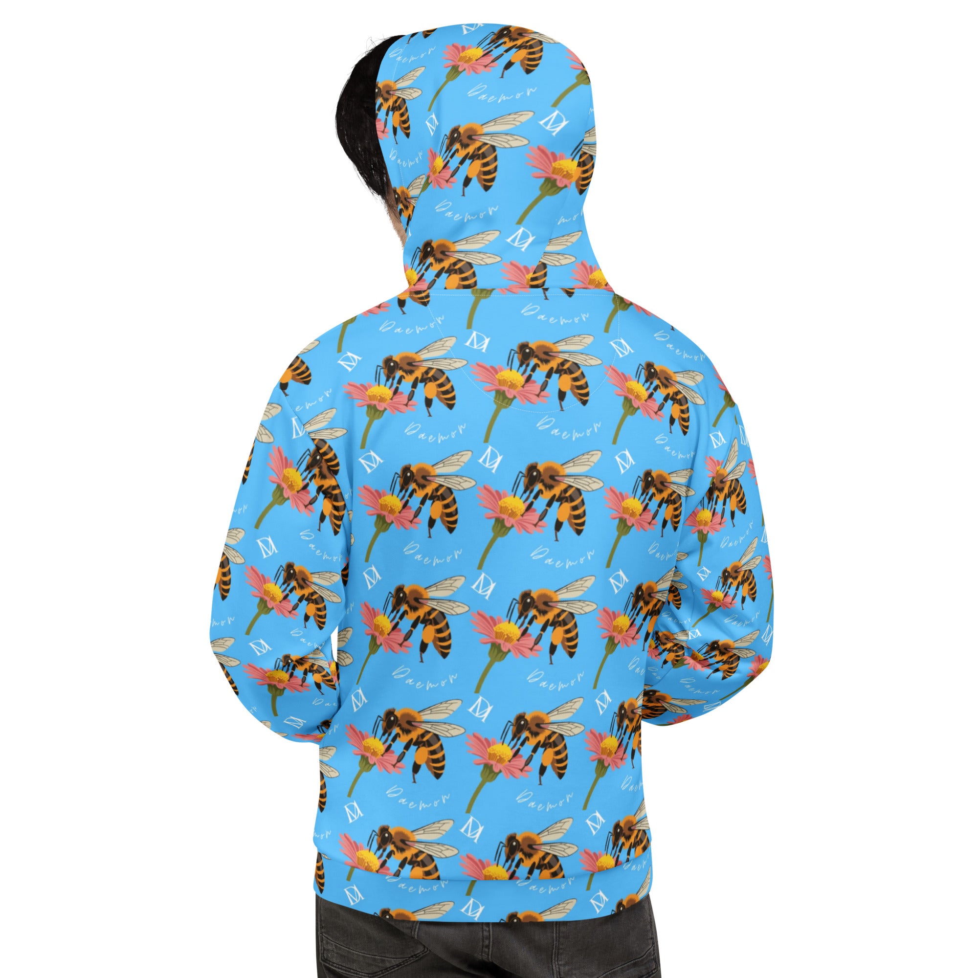 Recycled white hoodie featuring a honeybee shores Pacifica Fever all-over print, unisex design by Daemon Luxury.