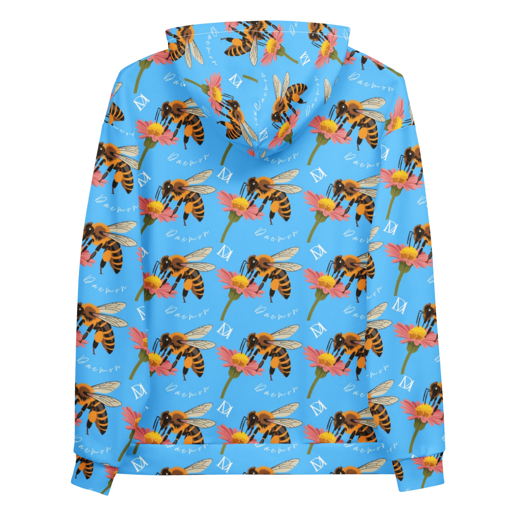 Unisex white recycled hoodie with all-over honeybee and ocean-themed print from Daemon Luxury, featuring a hood and relaxed fit.