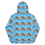 Daemon Luxury Honeybee Shores Pacífica Fever unisex recycled hoodie with all-over white print, front and back design.