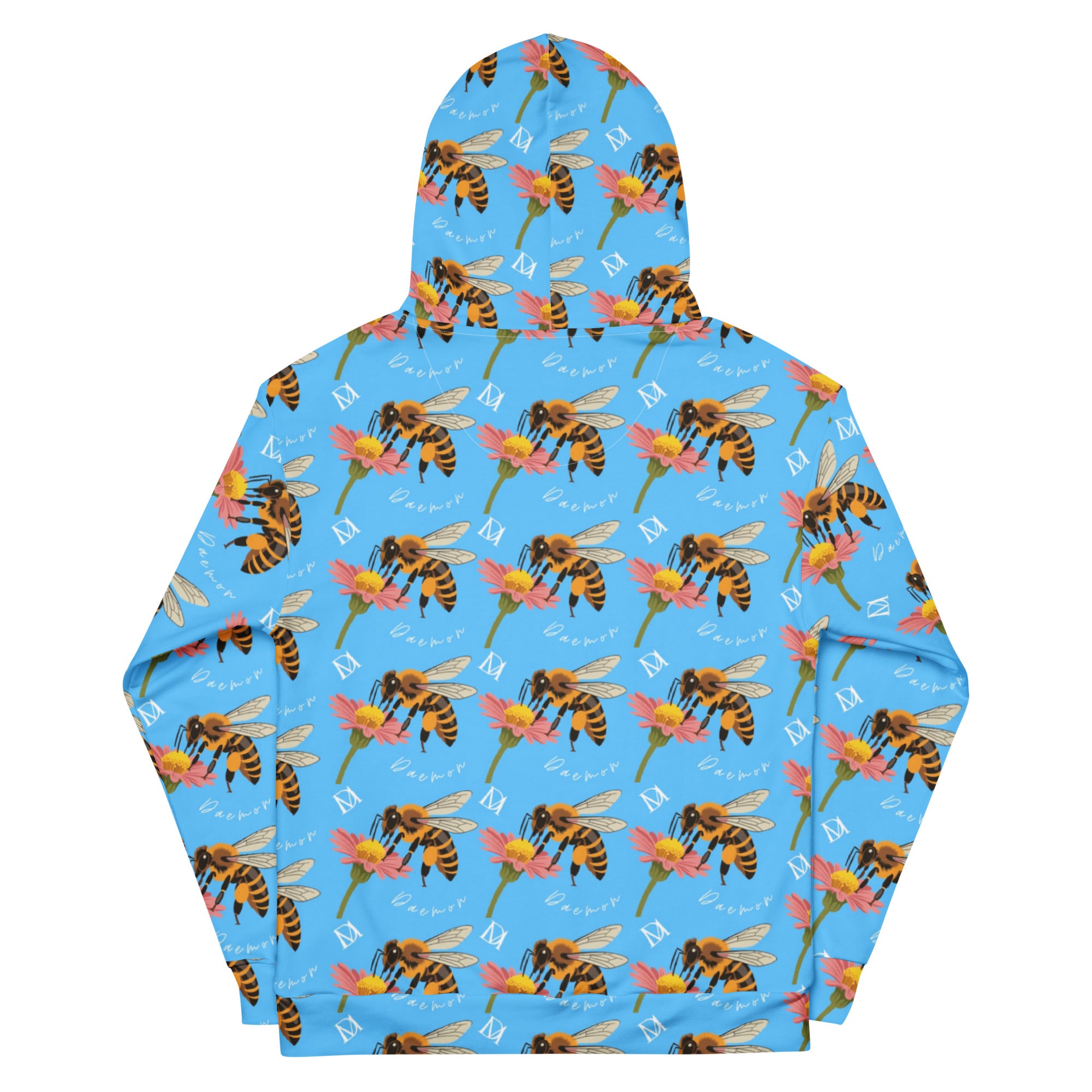 Daemon Luxury Honeybee Shores Pacífica Fever unisex recycled hoodie with all-over white print, front and back design.