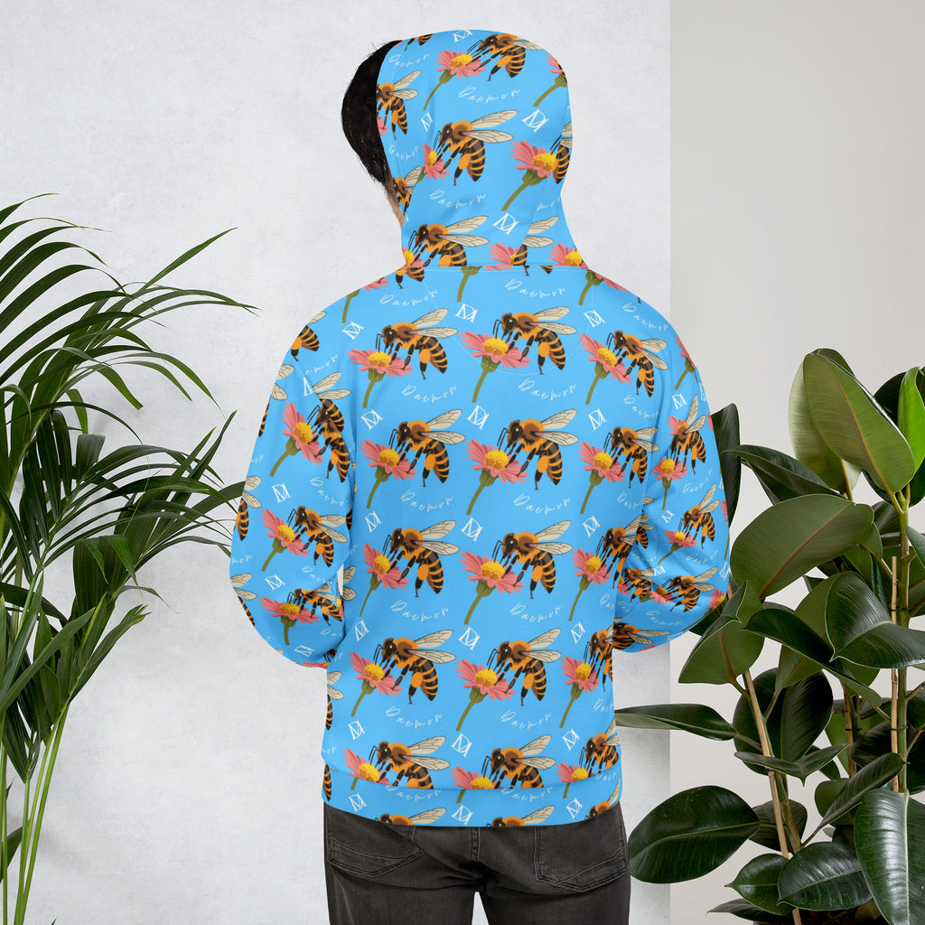 Daemon Luxury Honeybee Shores Pacifika Fever unisex recycled hoodie with all-over print, white back, cozy casual style