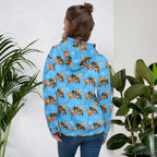 Daemon Luxury Honeybee Shores pacifica fever unisex hoodie with all-over print on white recycled fabric, back view.