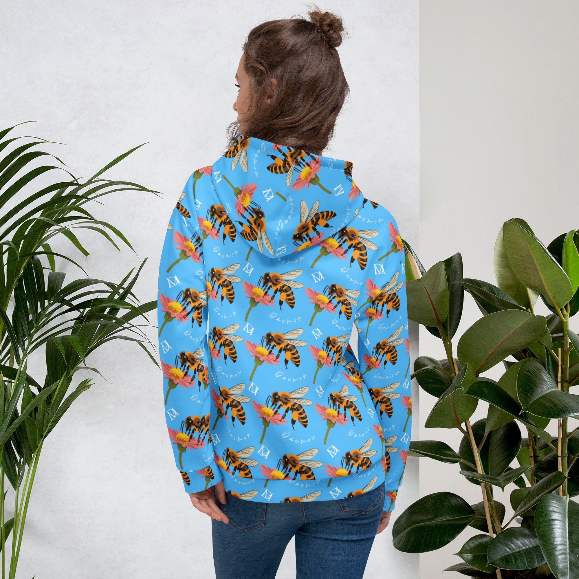 Daemon Luxury Honeybee Shores pacifica fever unisex hoodie with all-over print on white recycled fabric, back view.