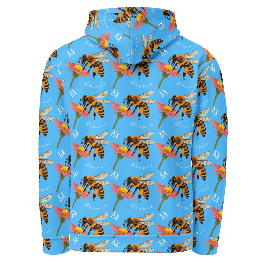 White recycled all-over print unisex hoodie with Honeybee Shores Pacifica Fever design by Daemon Luxury, shown from the back.