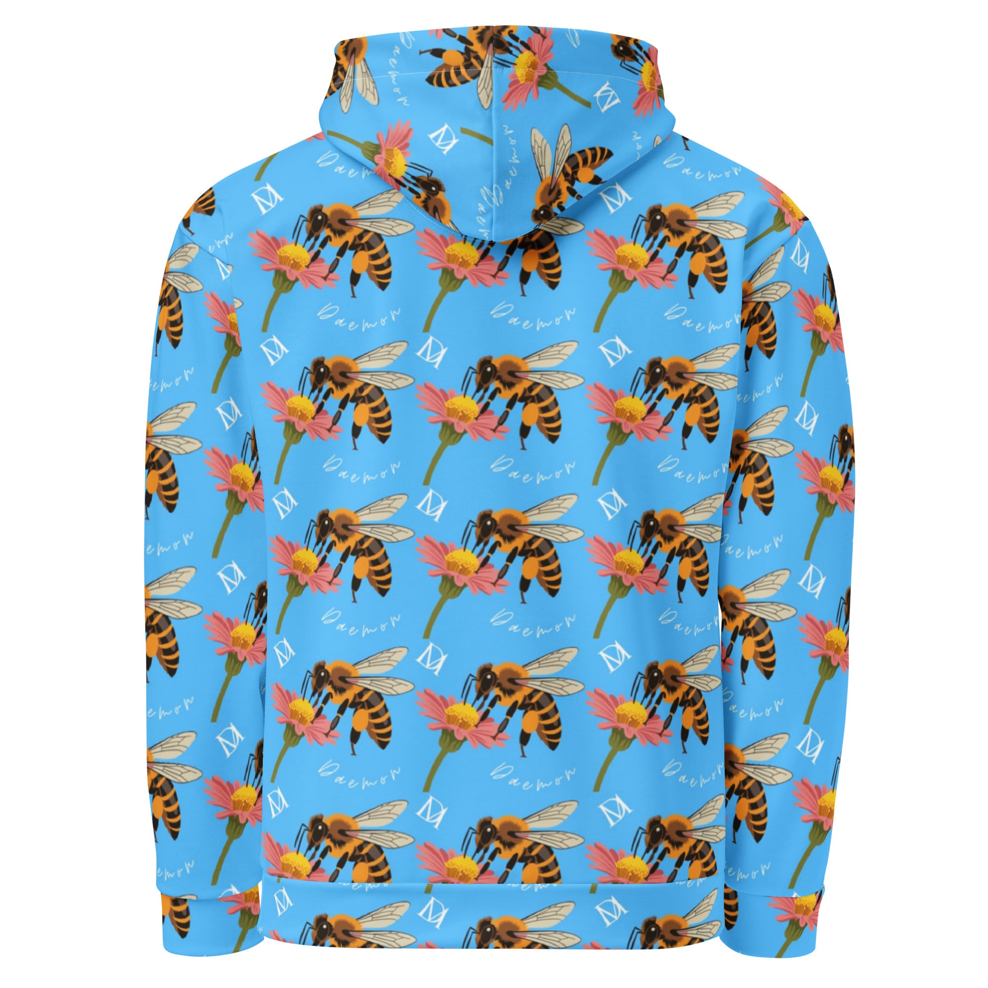 White recycled all-over print unisex hoodie with Honeybee Shores Pacifica Fever design by Daemon Luxury, shown from the back.