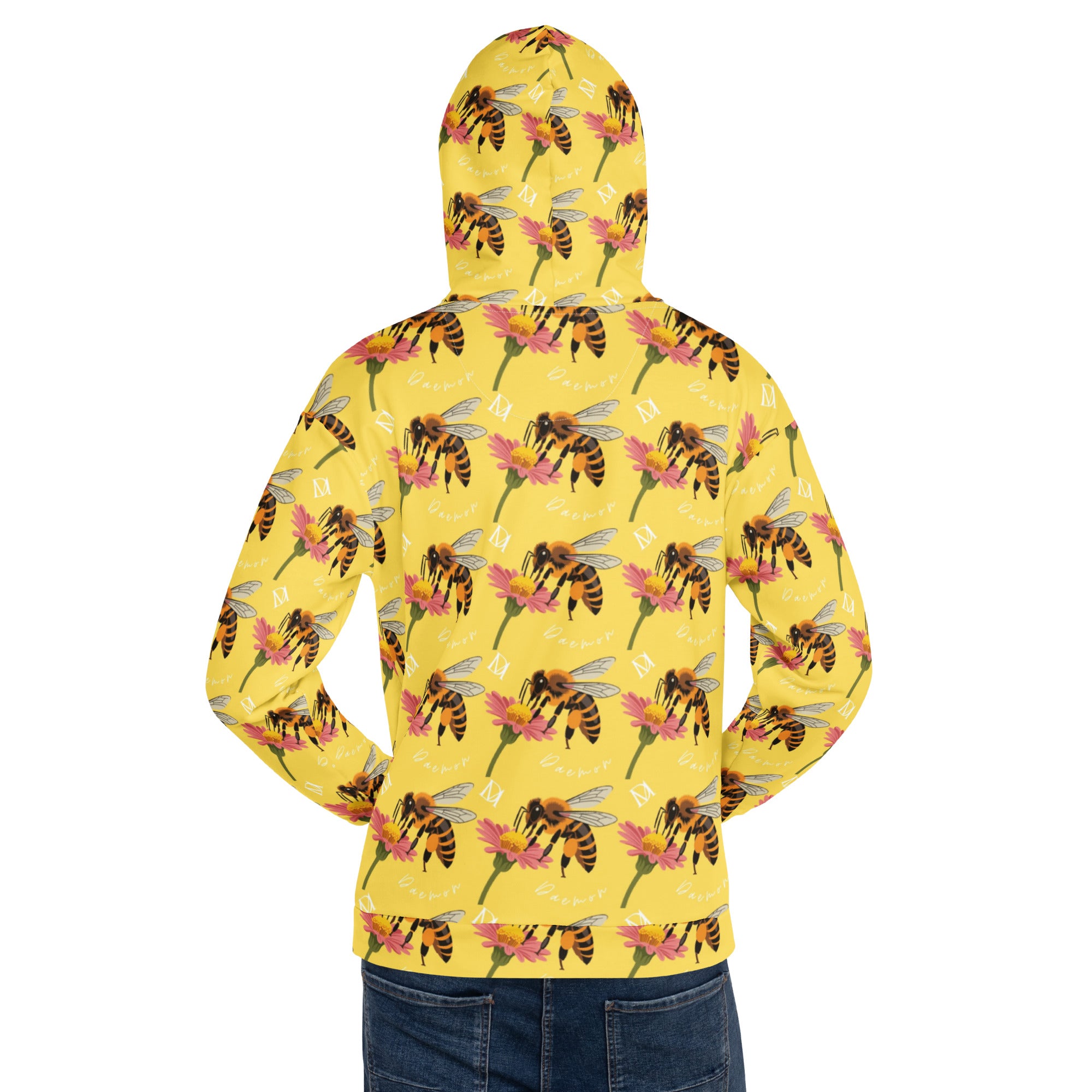 Recycled white unisex hoodie with all-over honeybee shores star print and hood, by Daemon Luxury.