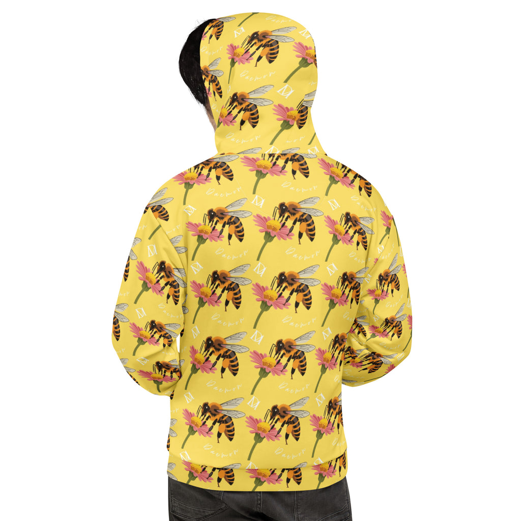 Recycled white unisex hoodie with all-over Honeybee Shores solo star print by Daemon Luxury, featuring a hood and casual fit.