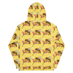 White recycled unisex hoodie with all-over Honeybee Shores (Solo Star) print by Daemon Luxury, featuring a hood and casual fit.