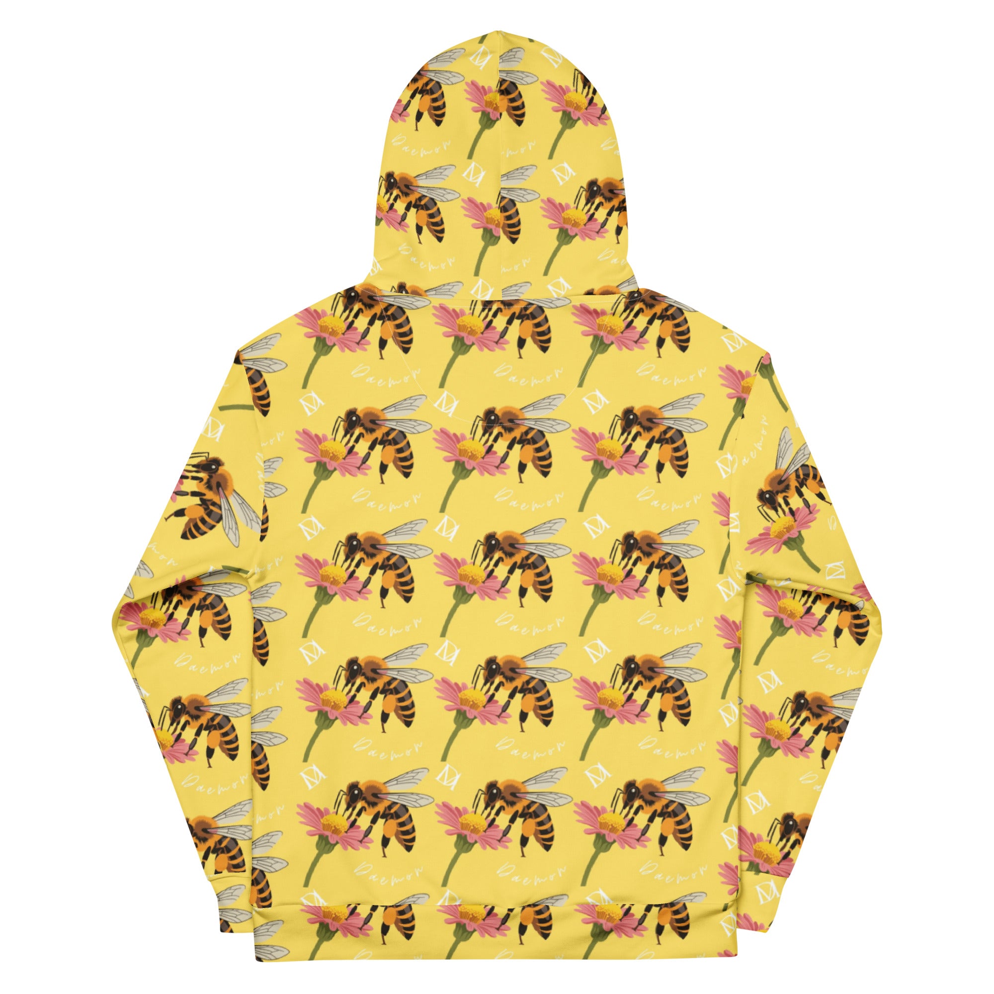 White recycled unisex hoodie with all-over Honeybee Shores (Solo Star) print by Daemon Luxury, featuring a hood and casual fit.