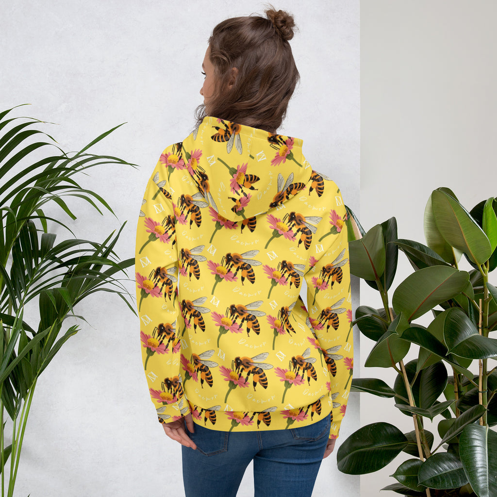 White all-over-print recycled unisex hoodie featuring Honeybee Shores (Solo Star) design by Daemon Luxury, shown from the back.