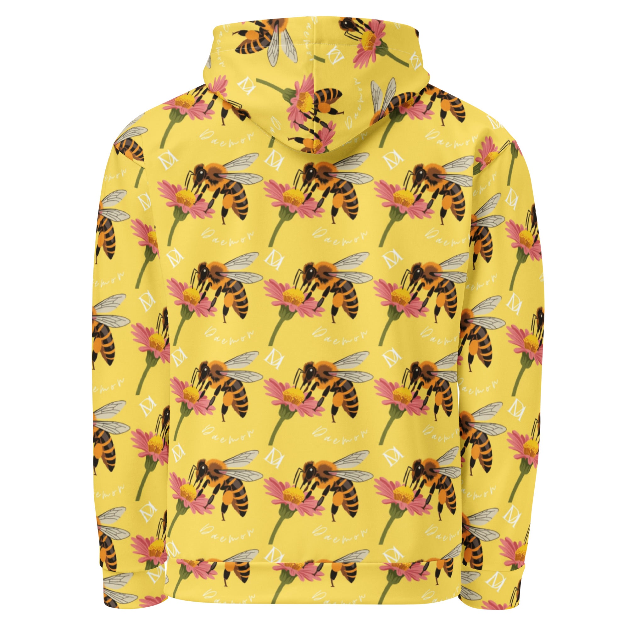 White Honeybee Shores Felpa Cappucio by Daemon Luxury featuring all-over print and unisex recycled fabric, back view.